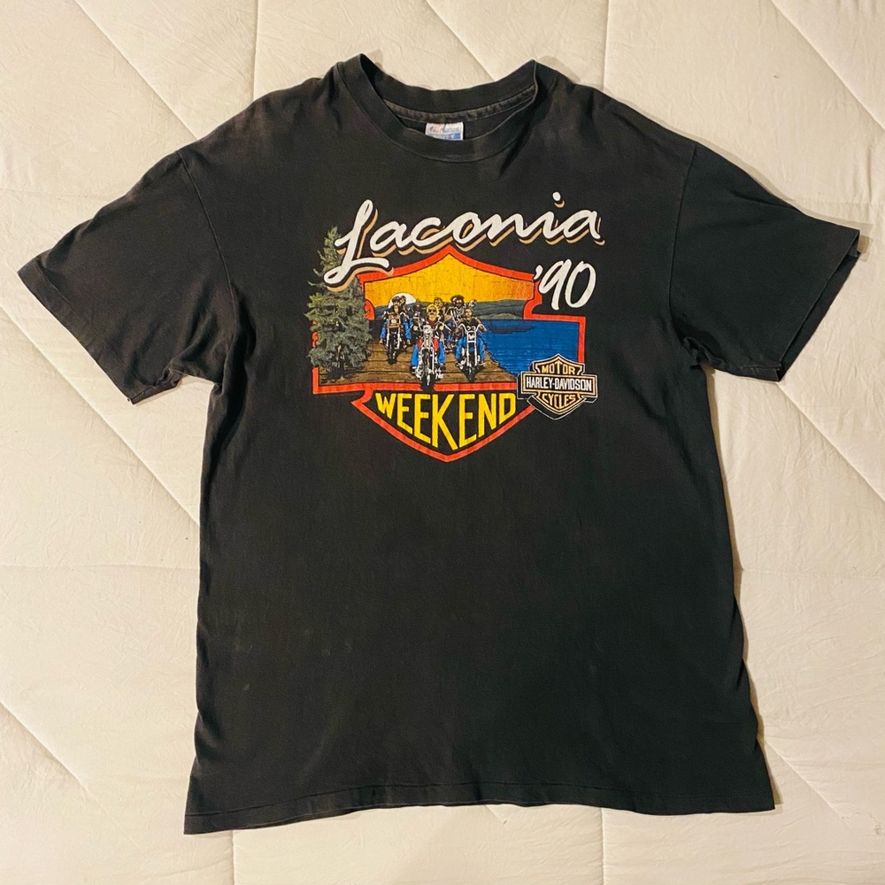 Vintage 1990 Harley Davidson Laconia Meredith New Hampshire Black T-Shirt XL